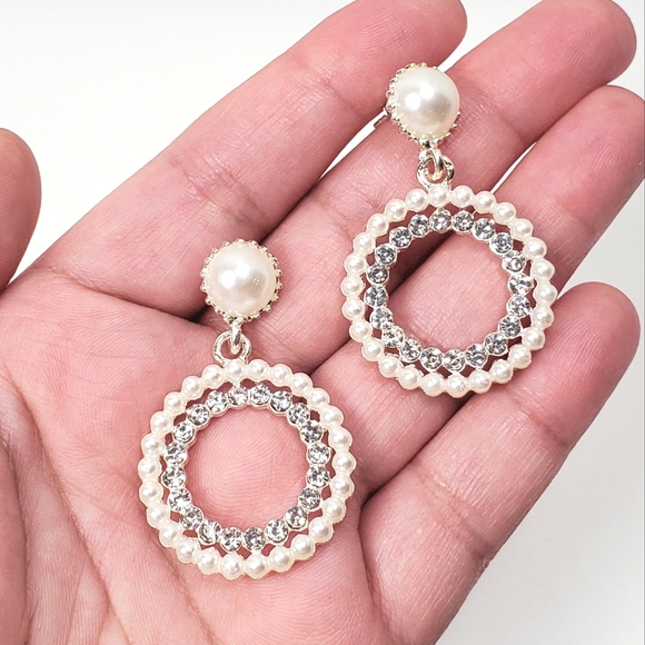 Faux Pearl Bling Post Earrings, CZ Pearl Earrings, Wedding Bride Jewelry - Picture 3 of 4